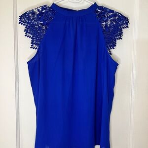 Express Blue Lace Sleeveless Blouse with Mandarin Collar
